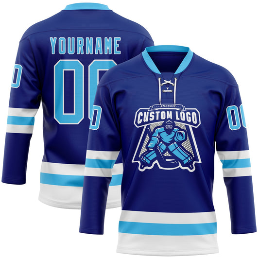 Custom Royal Sky Blue-White Hockey Lace Neck Jersey - Sky-Custom