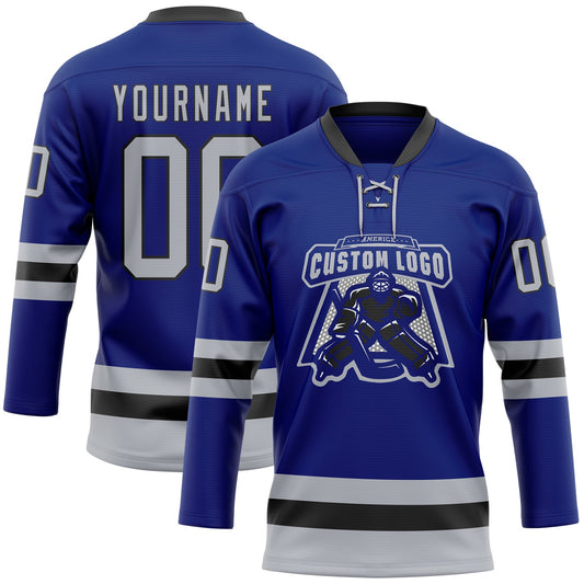 Custom Royal Gray-Black Hockey Lace Neck Jersey - Sky-Custom