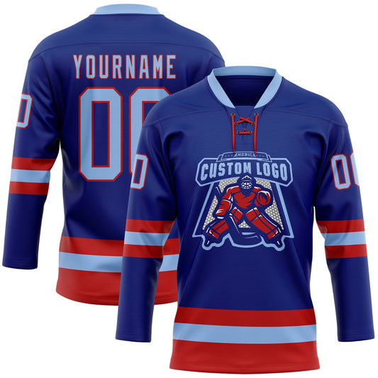 Custom Royal Light Blue-Red Hockey Lace Neck Jersey - Sky-Custom