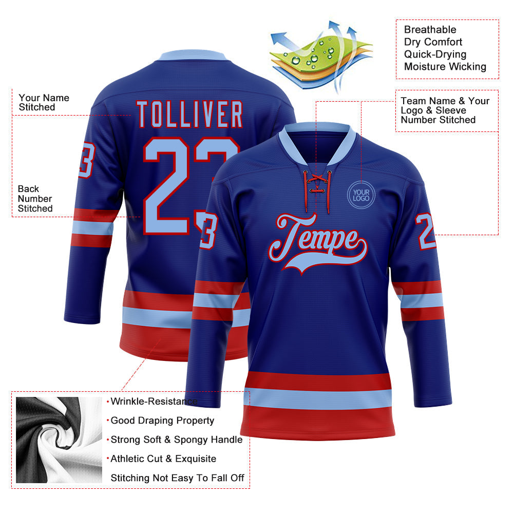 Custom Royal Light Blue-Red Hockey Lace Neck Jersey - Sky-Custom