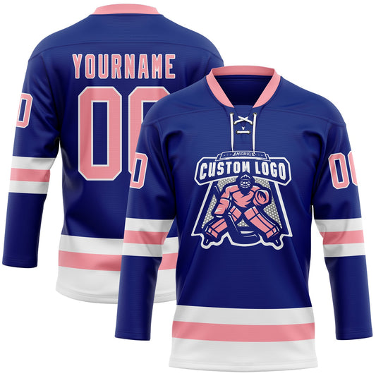 Custom Royal Medium Pink-White Hockey Lace Neck Jersey - Sky-Custom