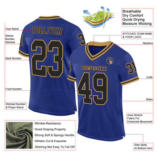 Custom Royal Black-Old Gold Mesh Authentic Throwback Football Jersey - Sky-Custom