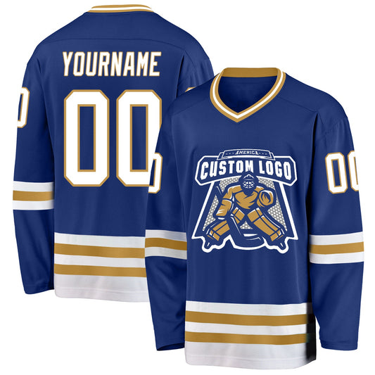 Custom Royal White-Old Gold Hockey Jersey - Sky-Custom