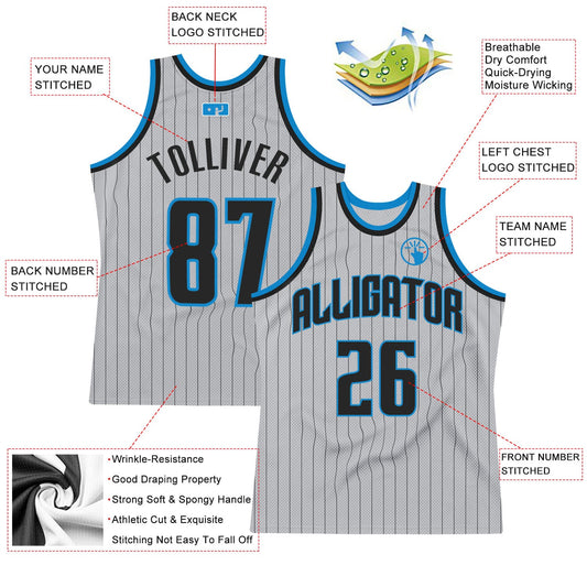 Custom Gray Black Pinstripe Black-Blue Authentic Basketball Jersey - Sky-Custom