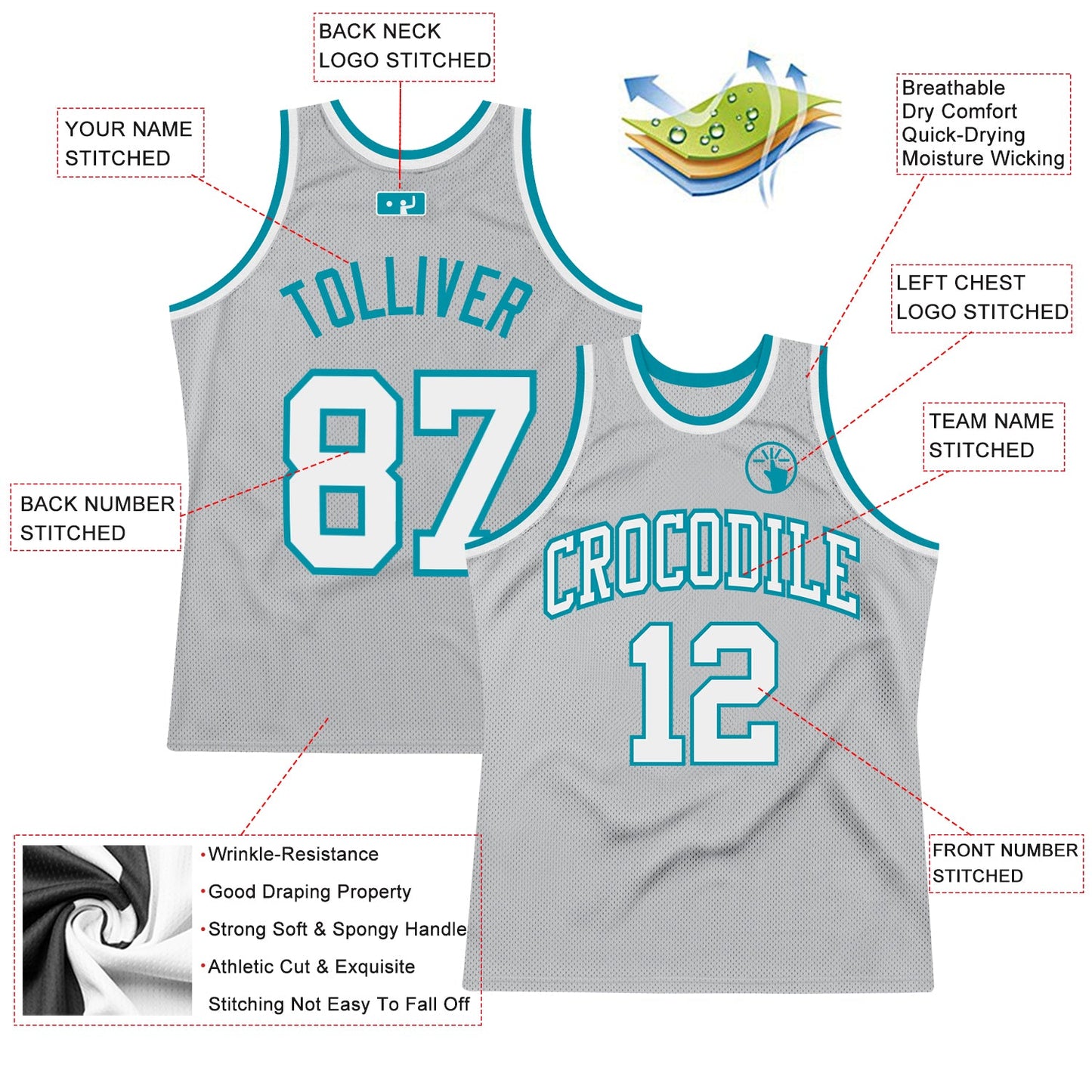Custom Gray White-Teal Authentic Throwback Basketball Jersey - Sky-Custom