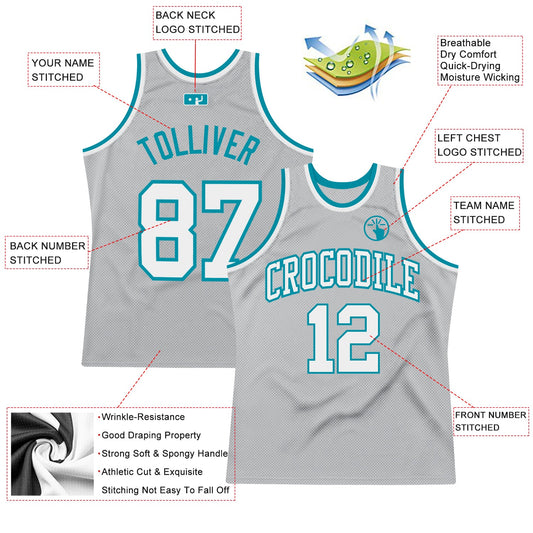 Custom Gray White-Teal Authentic Throwback Basketball Jersey - Sky-Custom