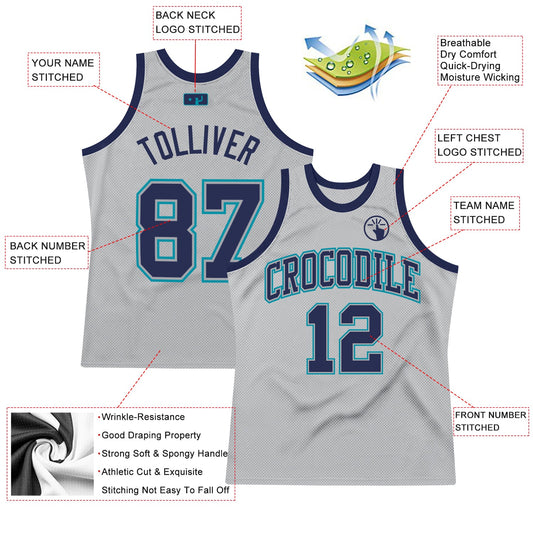 Custom Gray Navy-Teal Authentic Throwback Basketball Jersey - Sky-Custom