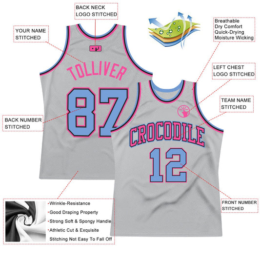 Custom Gray Light Blue-Pink Authentic Throwback Basketball Jersey - Sky-Custom