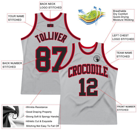 Custom Gray Black-Red Authentic Throwback Basketball Jersey - Sky-Custom