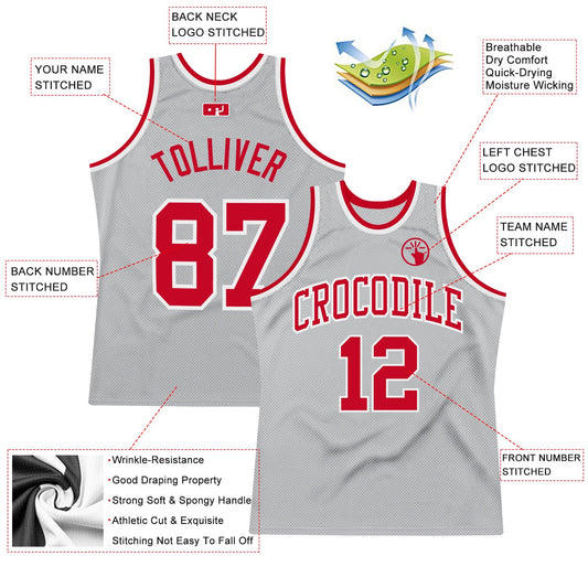 Custom Gray Red-White Authentic Throwback Basketball Jersey - Sky-Custom