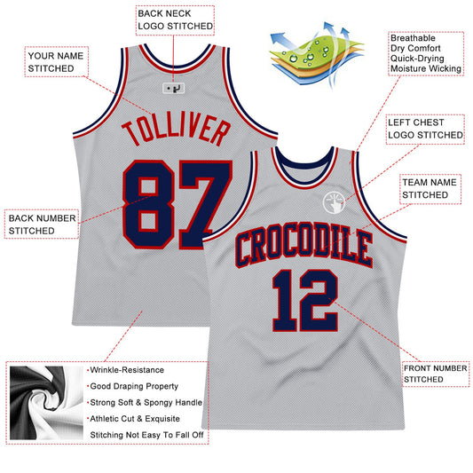 Custom Gray Navy-Red Authentic Throwback Basketball Jersey - Sky-Custom