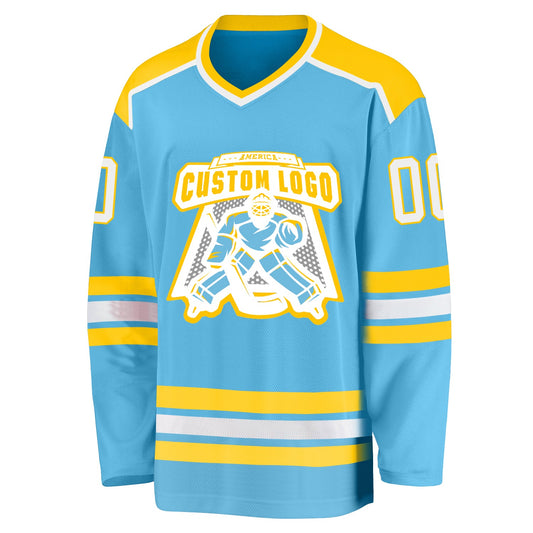 Custom Sky Blue White-Gold Hockey Jersey - Sky-Custom