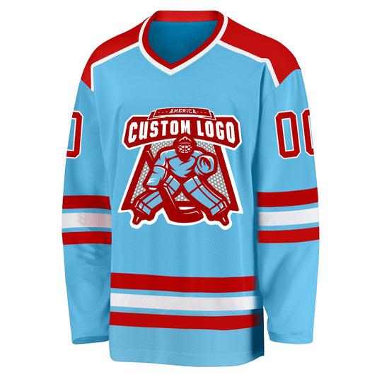Custom Sky Blue Red-White Hockey Jersey - Sky-Custom