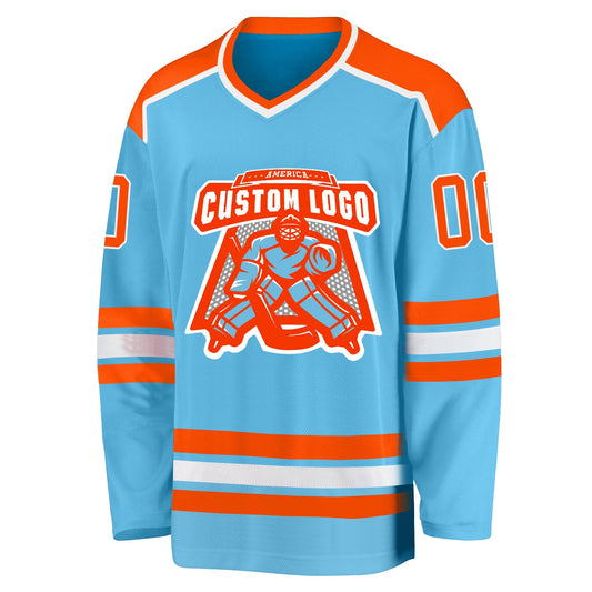Custom Sky Blue Orange-White Hockey Jersey - Sky-Custom