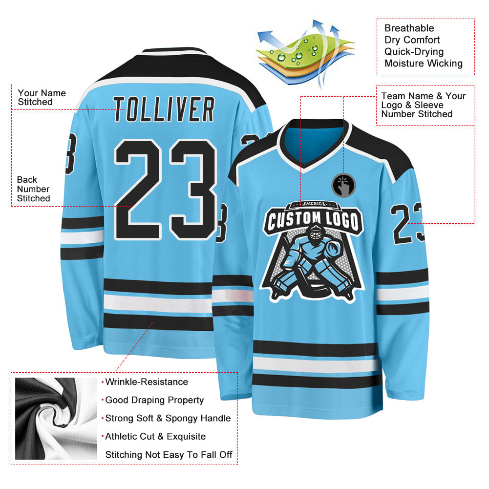 Custom Sky Blue Black-White Hockey Jersey - Sky-Custom