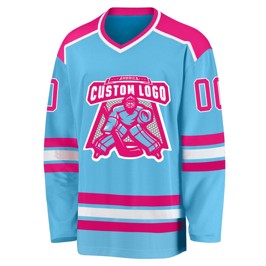 Custom Sky Blue Hot Pink-White Hockey Jersey - Sky-Custom