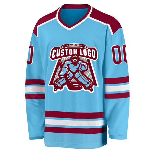 Custom Sky Blue Maroon-White Hockey Jersey - Sky-Custom