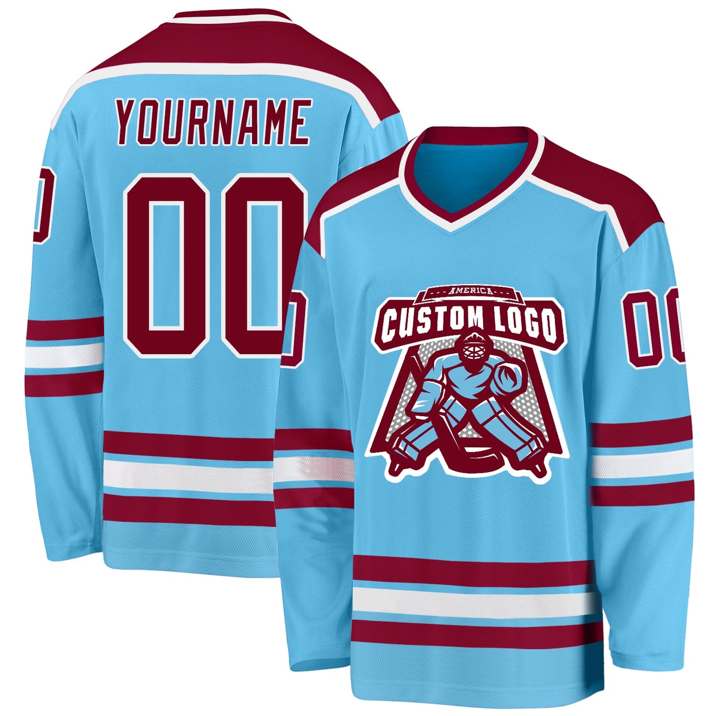 Custom Sky Blue Maroon-White Hockey Jersey - Sky-Custom