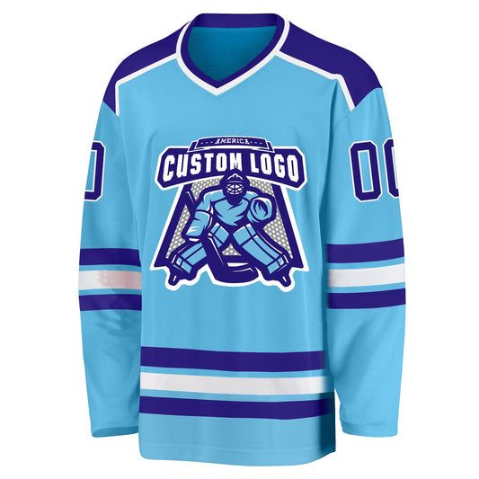 Custom Sky Blue Dark Purple-White Hockey Jersey - Sky-Custom