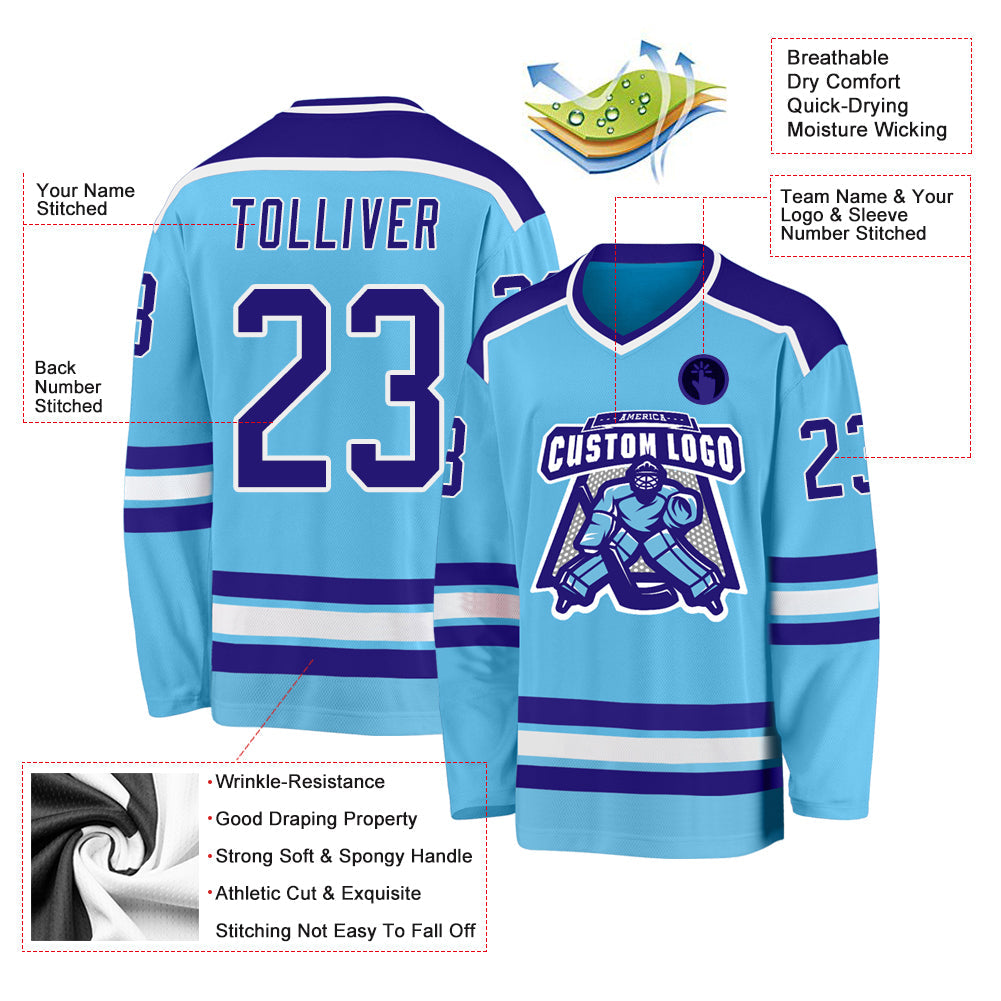 Custom Sky Blue Dark Purple-White Hockey Jersey - Sky-Custom
