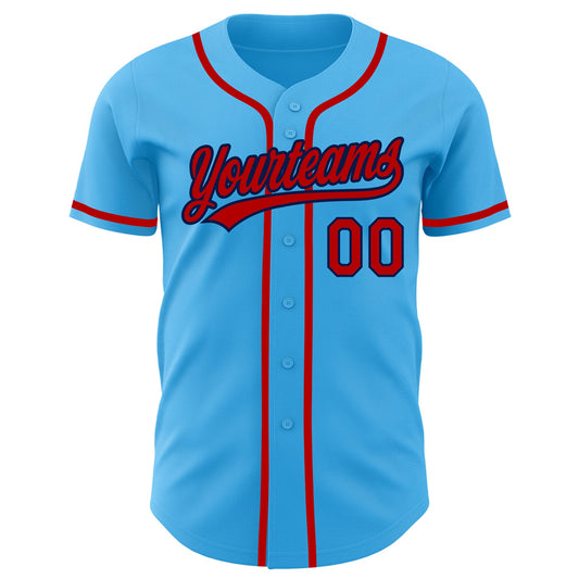 Custom Sky Blue Red-Navy Authentic Baseball Jersey - Sky-Custom