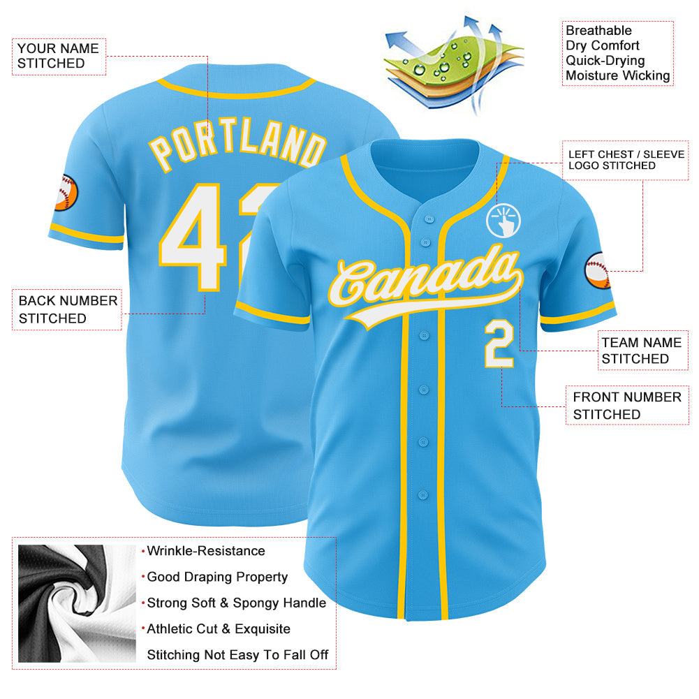 Custom Sky Blue White-Yellow Authentic Baseball Jersey - Sky-Custom