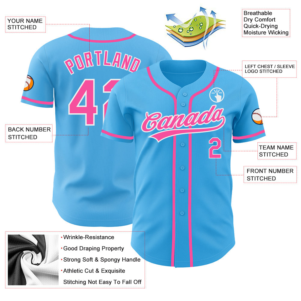 Custom Sky Blue Pink-White Authentic Baseball Jersey - Sky-Custom
