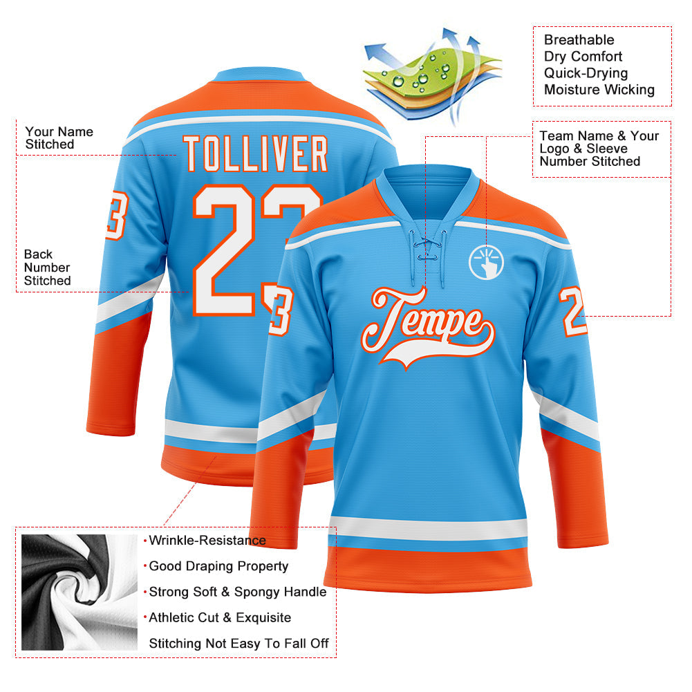 Custom Sky Blue White-Orange Hockey Lace Neck Jersey - Sky-Custom