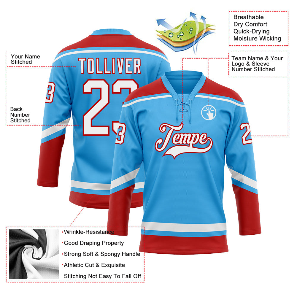 Custom Sky Blue White-Red Hockey Lace Neck Jersey - Sky-Custom