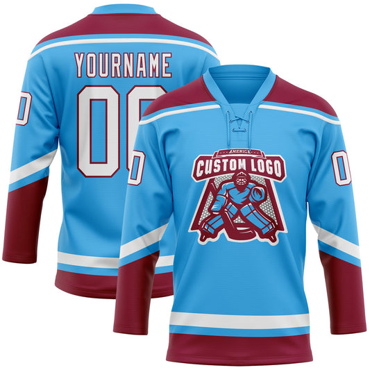 Custom Sky Blue White-Maroon Hockey Lace Neck Jersey - Sky-Custom