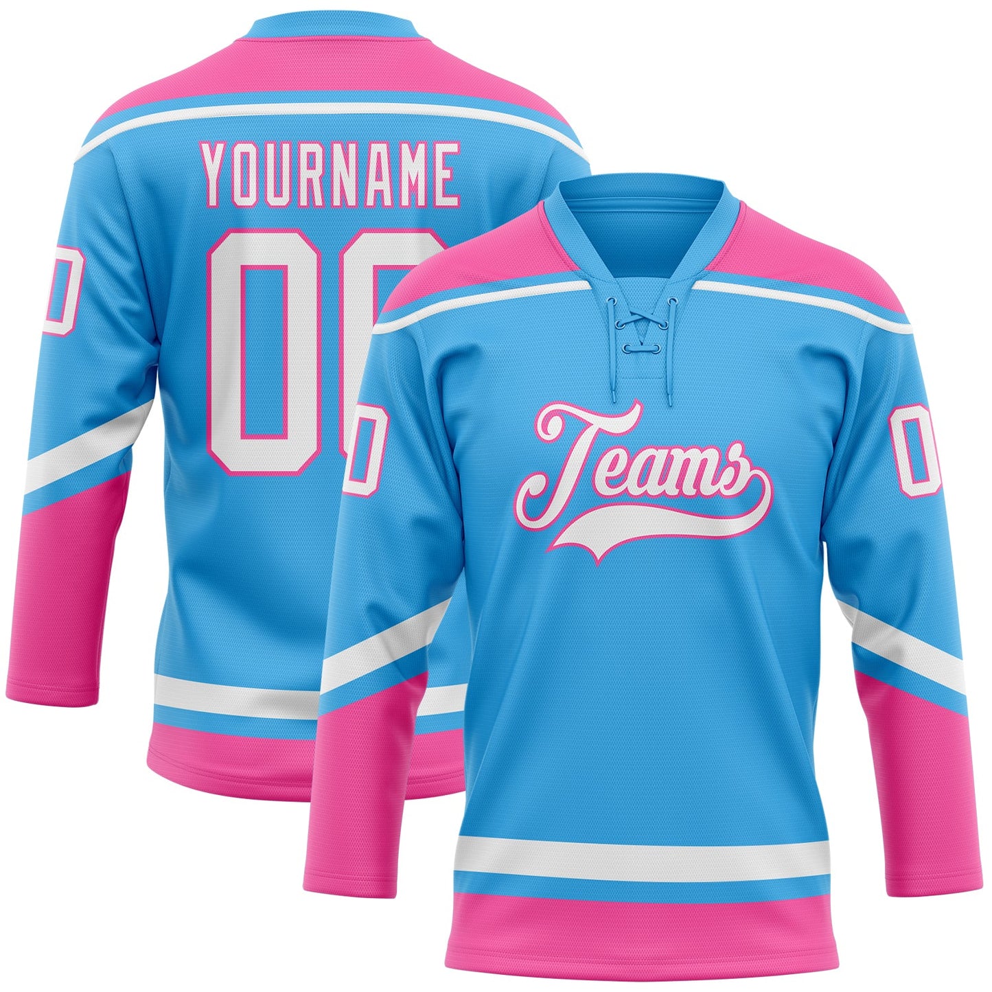 Custom Sky Blue White-Pink Hockey Lace Neck Jersey - Sky-Custom