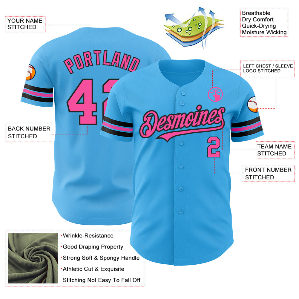 Custom Sky Blue Pink-Black Authentic Baseball Jersey - Sky-Custom