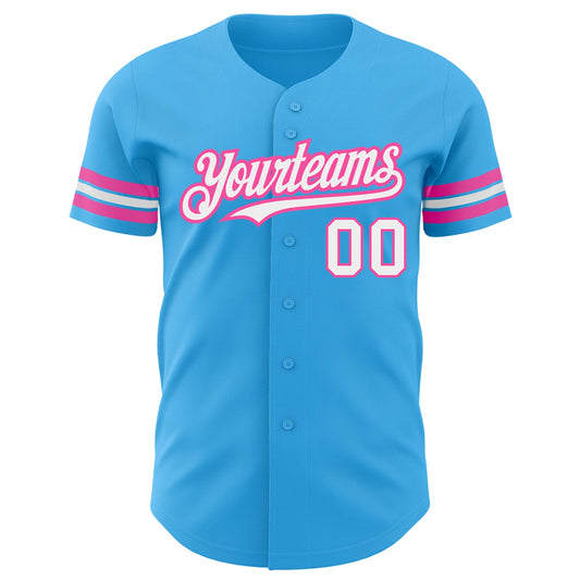 Custom Sky Blue White-Pink Authentic Baseball Jersey - Sky-Custom