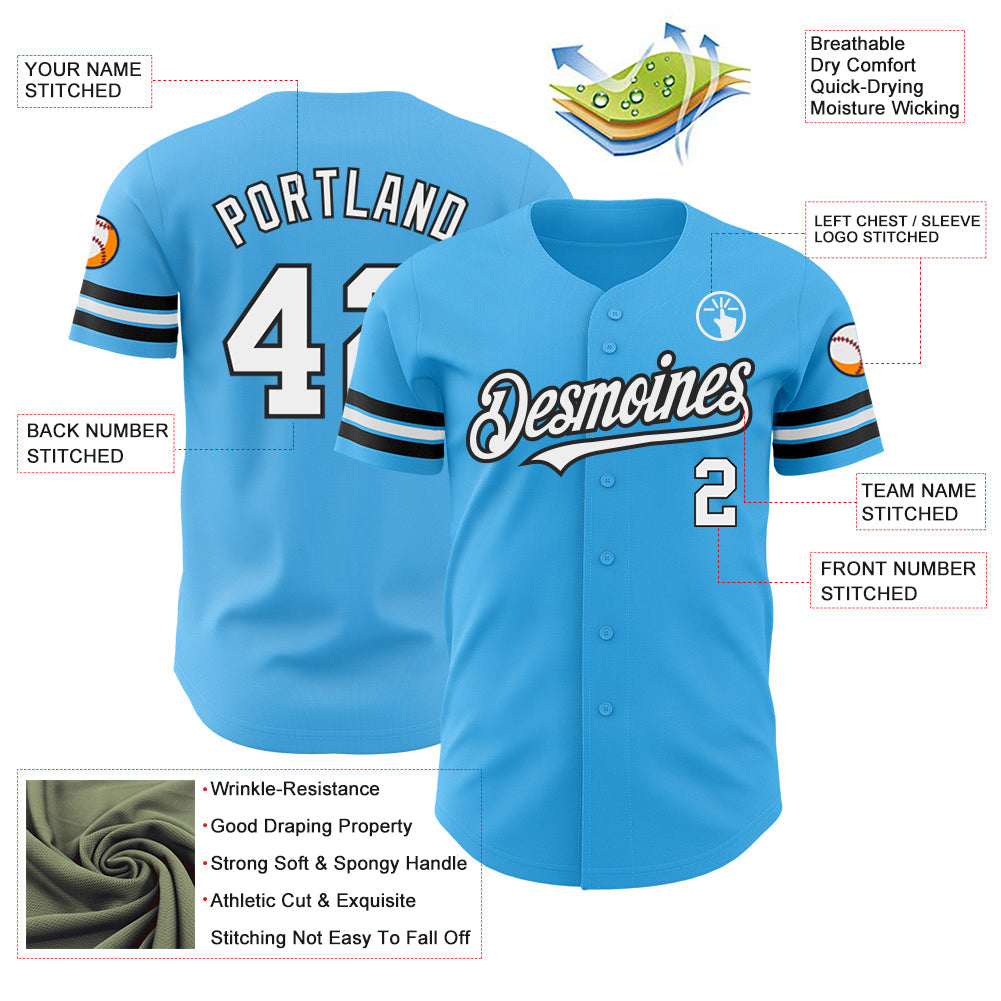 Custom Sky Blue White-Black Authentic Baseball Jersey - Sky-Custom