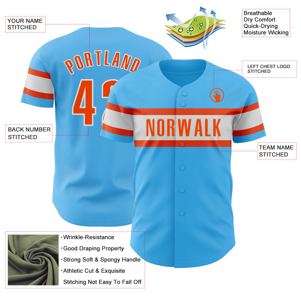 Custom Sky Blue Orange-White Authentic Baseball Jersey - Sky-Custom
