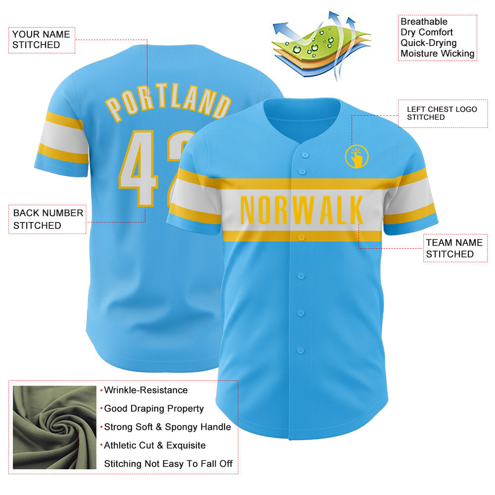 Custom Sky Blue White-Yellow Authentic Baseball Jersey - Sky-Custom