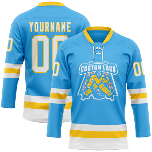 Custom Sky Blue White-Yellow Hockey Lace Neck Jersey - Sky-Custom