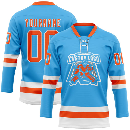 Custom Sky Blue Orange-White Hockey Lace Neck Jersey - Sky-Custom