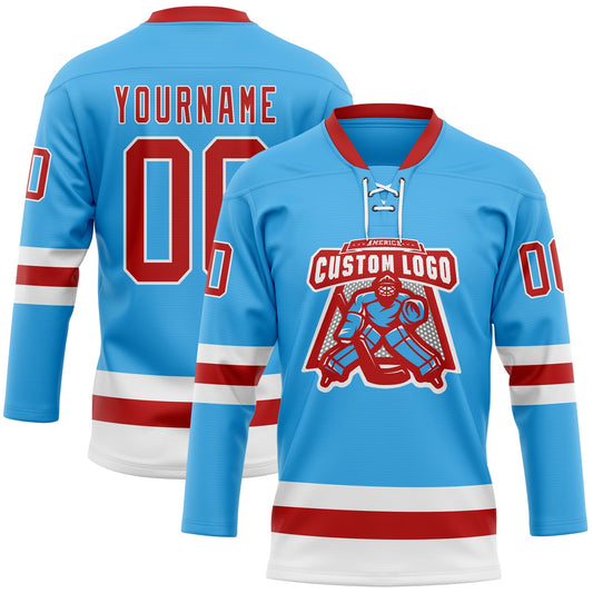 Custom Sky Blue Red-White Hockey Lace Neck Jersey - Sky-Custom