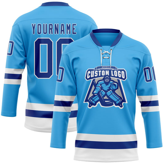 Custom Sky Blue Royal-White Hockey Lace Neck Jersey - Sky-Custom