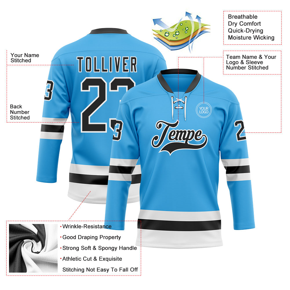 Custom Sky Blue Black-White Hockey Lace Neck Jersey - Sky-Custom