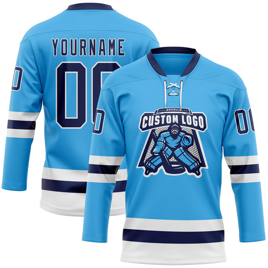 Custom Sky Blue Navy-White Hockey Lace Neck Jersey - Sky-Custom