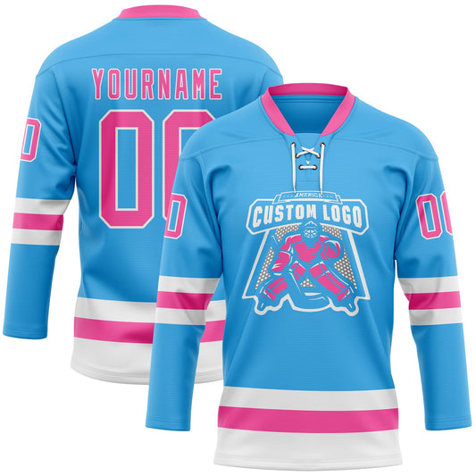 Custom Sky Blue Pink-White Hockey Lace Neck Jersey - Sky-Custom