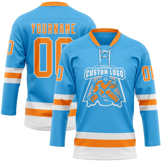 Custom Sky Blue Bay Orange-White Hockey Lace Neck Jersey - Sky-Custom