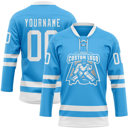 Custom Sky Blue White Hockey Lace Neck Jersey - Sky-Custom