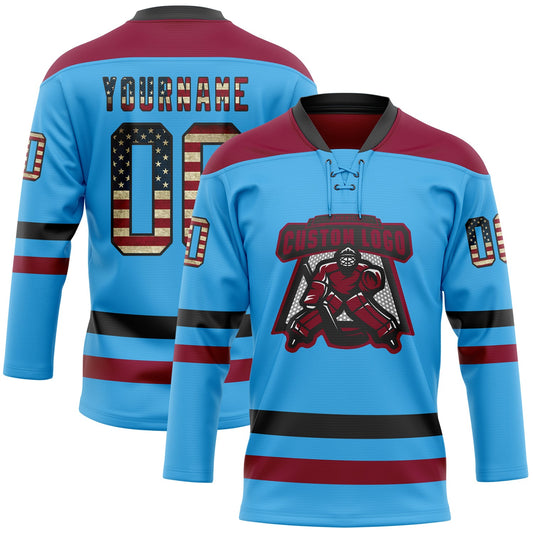 Custom Sky Blue Vintage USA Flag Black-Maroon Hockey Lace Neck Jersey - Sky-Custom