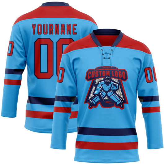 Custom Sky Blue Red-Navy Hockey Lace Neck Jersey - Sky-Custom
