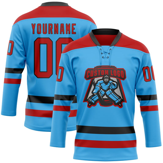 Custom Sky Blue Red-Black Hockey Lace Neck Jersey - Sky-Custom