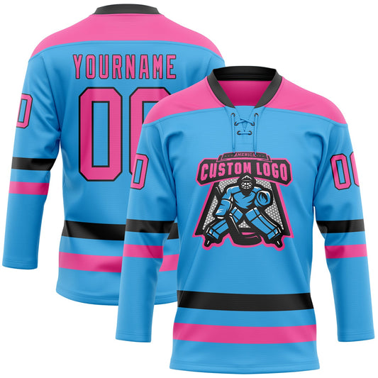 Custom Sky Blue Pink-Black Hockey Lace Neck Jersey - Sky-Custom