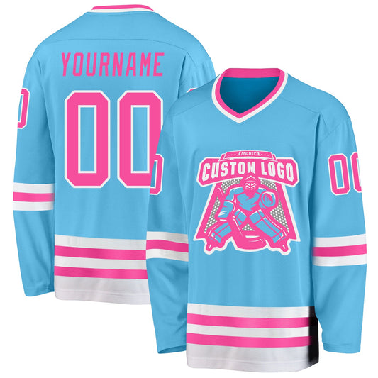 Custom Sky Blue Pink-White Hockey Jersey - Sky-Custom